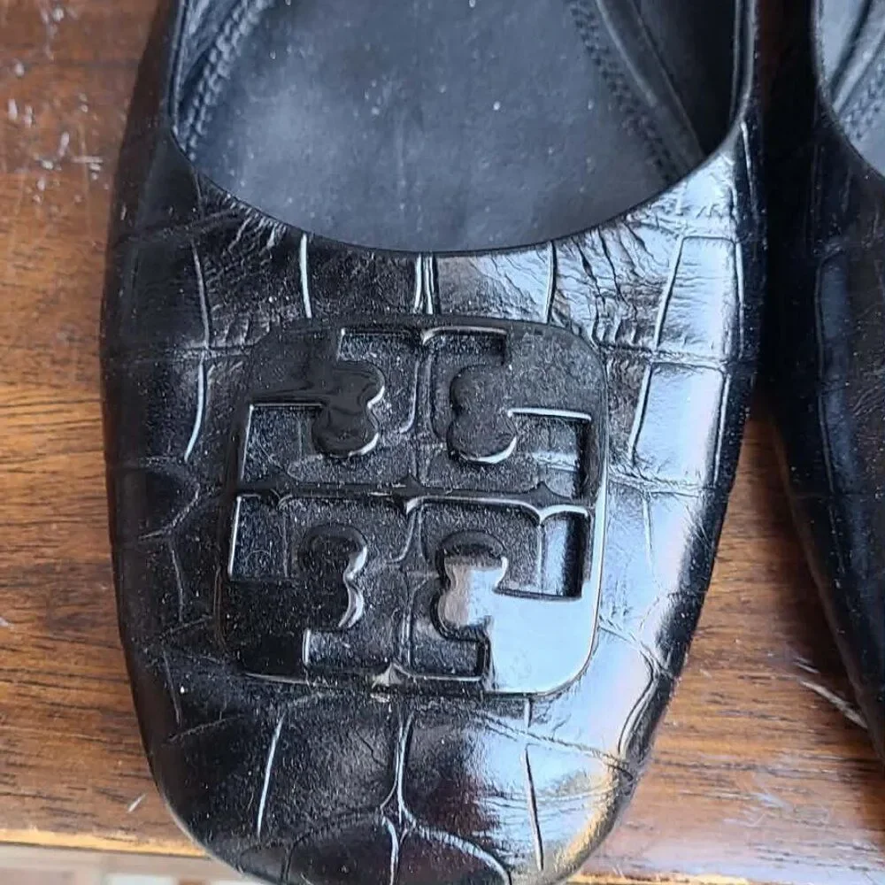 Tory Burch Georgia Black Leather Ballet Soft Croco Embossed Flats size 8 1/2